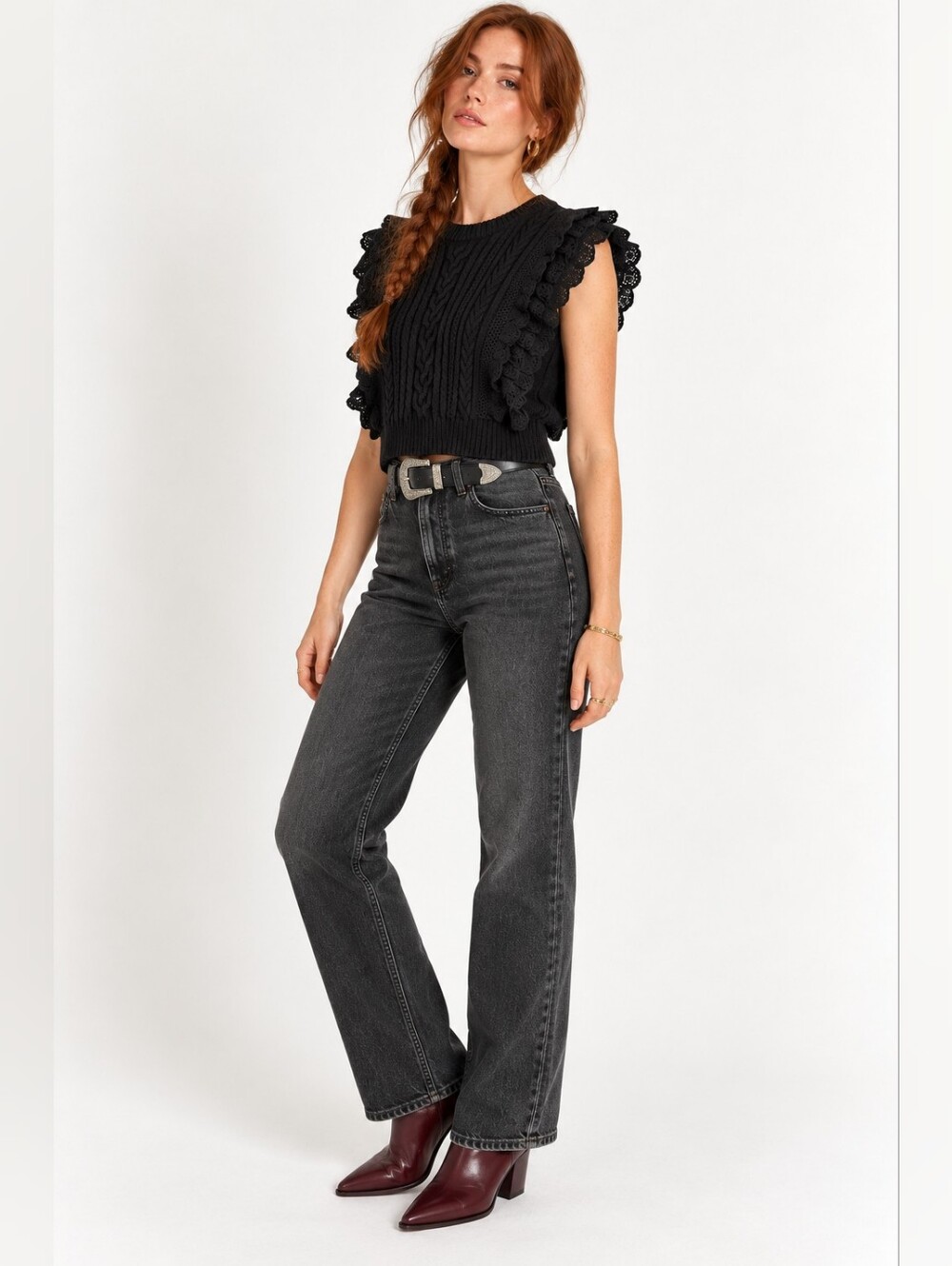 Sadie & Sage Black Cable Knit Lace Ruffle Sweater Vest Size S